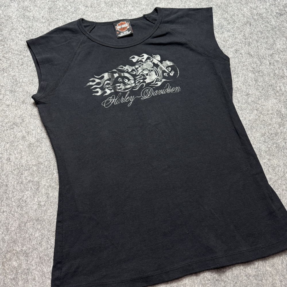 Harley-Davidson Shirt Womens XL Black Flaming Motorcycle Graphic Cap Sleeve Tee